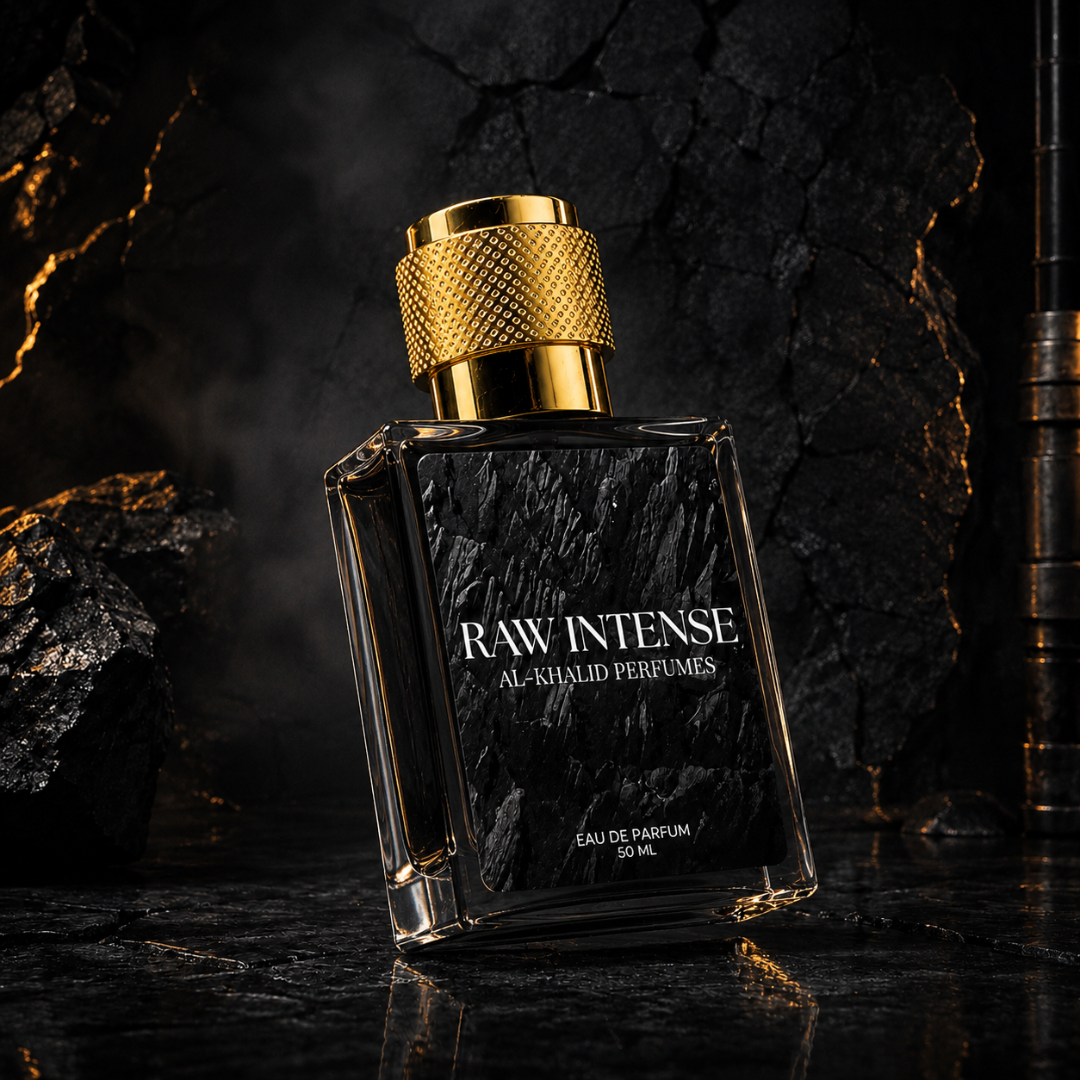 AL-KHALID PERFUMES RAW INTENSE men's perfume with a spicy woody fragrance, featuring a sleek bottle design and elegant packaging.