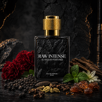 AL-KHALID PERFUMES RAW INTENSE men's perfume bottle with spicy woody fragrance and sleek design, long-lasting scent.