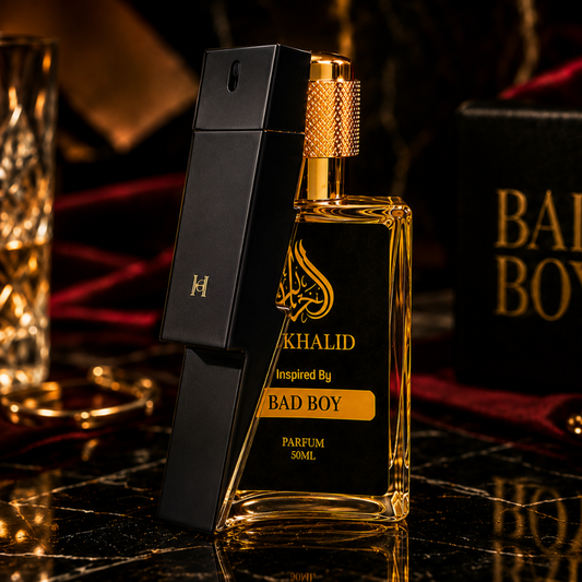Al Khalid Perfumes C@rolin@ Herrer@-Bad Boy luxury perfume bottle with elegant design and branding.