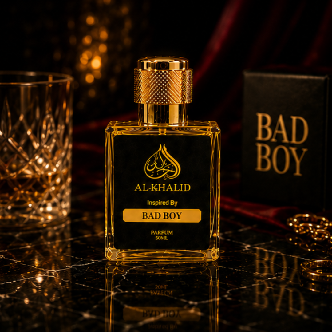 Al Khalid Perfumes C@rolin@ Herrer@-Bad Boy luxury perfume bottle with elegant design and branding.