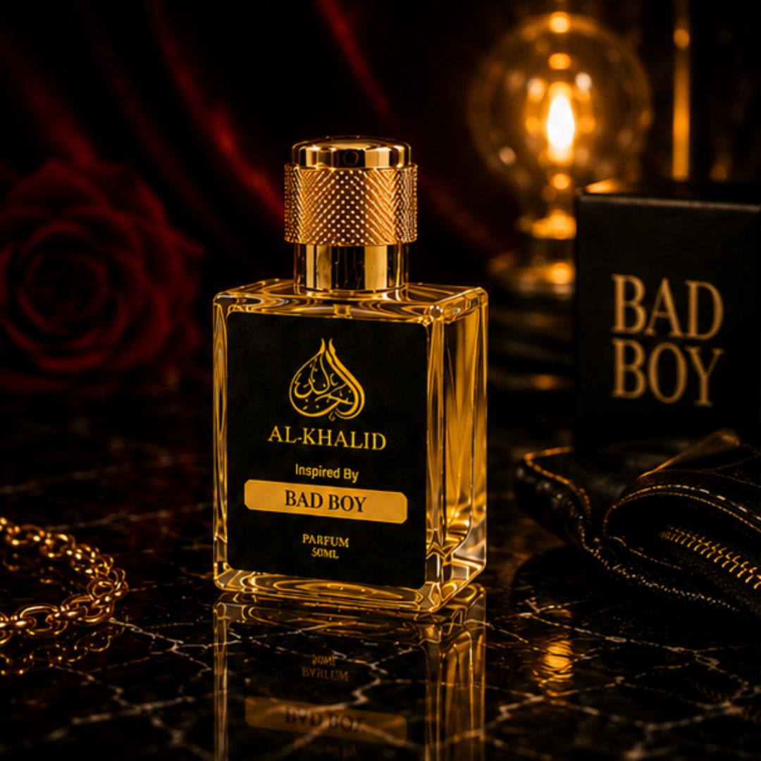 Luxury C@rolin@ Herrer@-Bad Boy perfume by AL-KHALID Perfumes, featuring elegant bottle design and sophisticated fragrance notes.