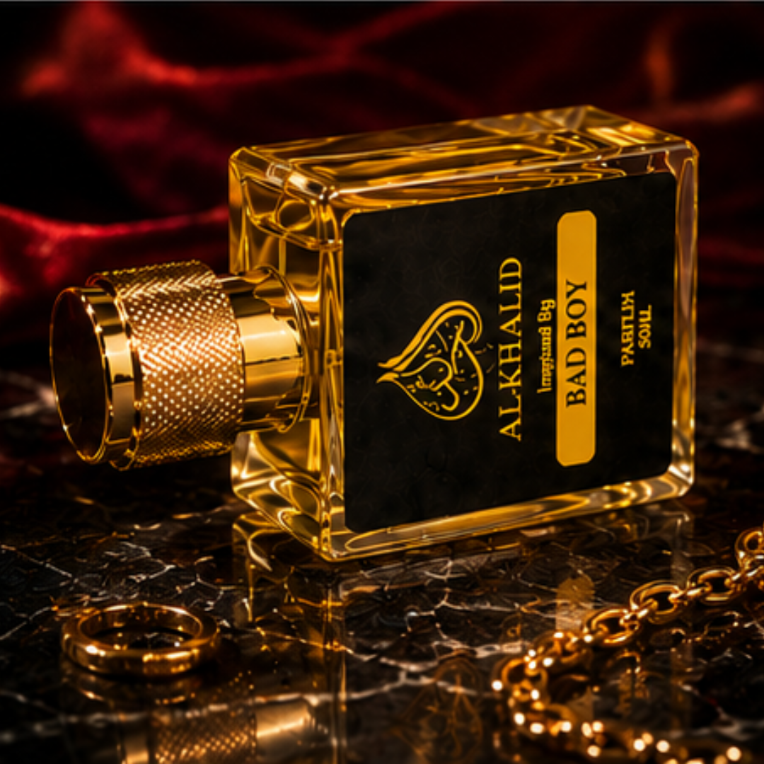 Luxury C@rolin@ Herrer@-Bad Boy perfume by AL-KHALID Perfumes, featuring elegant bottle design and rich fragrance details.