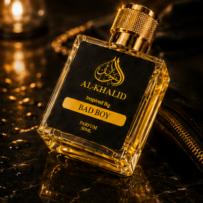 Luxury C@rolin@ Herrer@ Bad Boy perfume by AL-KHALID Perfumes featuring elegant bottle and rich fragrance details.