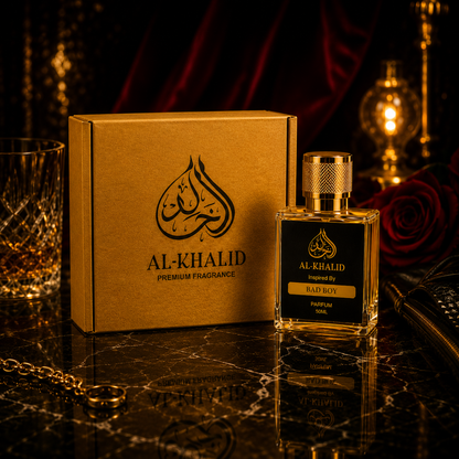 Luxury C@rolin@ Herrer@-Bad Boy perfume by AL-KHALID Perfumes, featuring elegant packaging and a sophisticated fragrance.