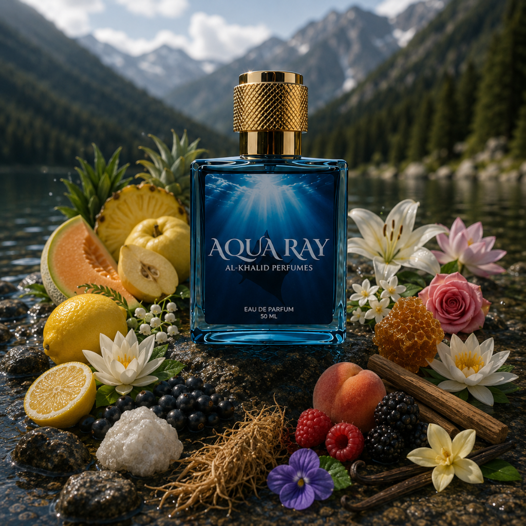 Aqua Ray perfume bottle for women by AL-KHALID PERFUMES, sleek design with a clear glass body and elegant cap.