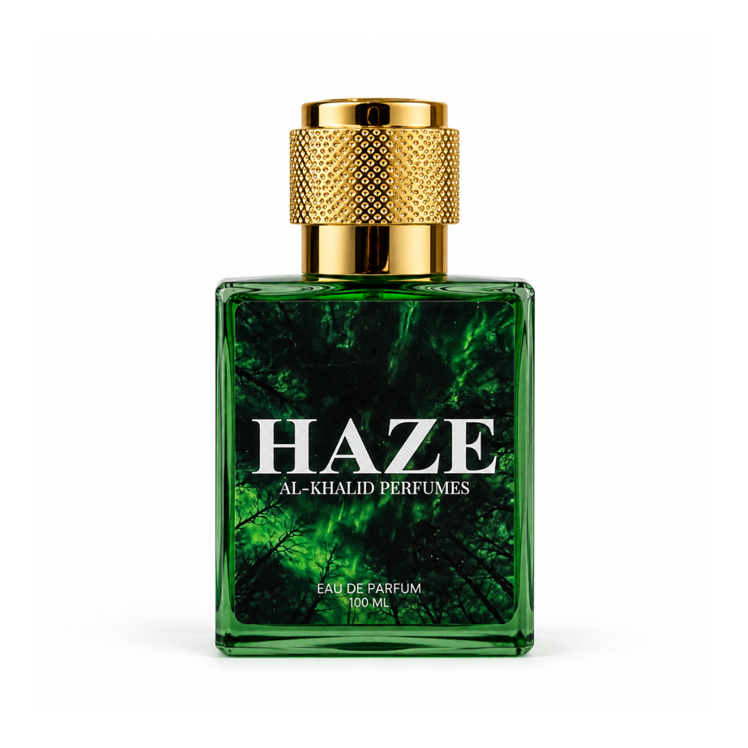AL-KHALID PERFUMES HAZE women's perfume with French cognac vanilla and tonka bean fragrance, elegant perfume bottle.