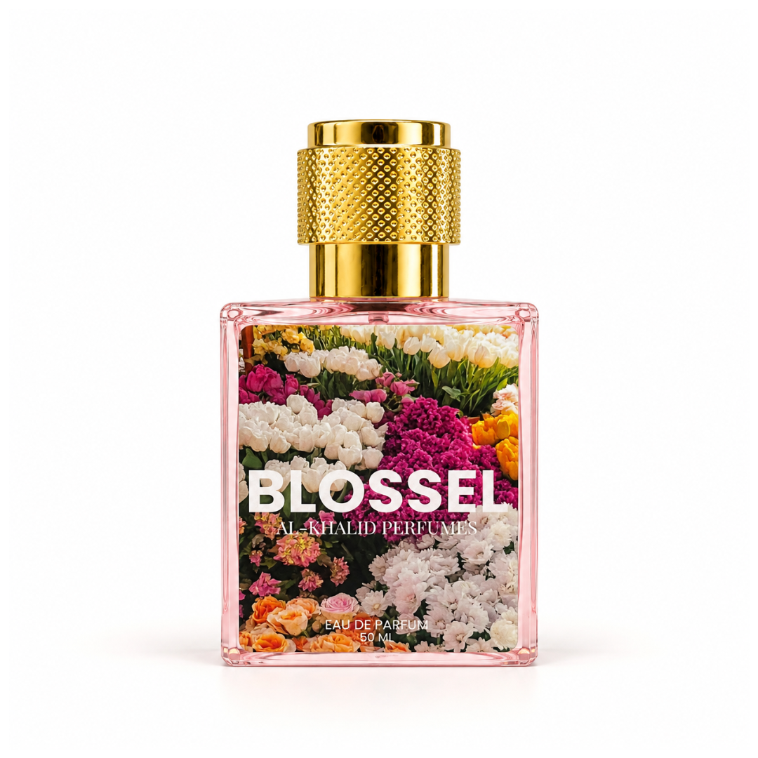 AL-KHALID PERFUMES BLOSSEL premium women's perfume with floral gardenia and jasmine fragrance, featuring elegant perfume bottle.