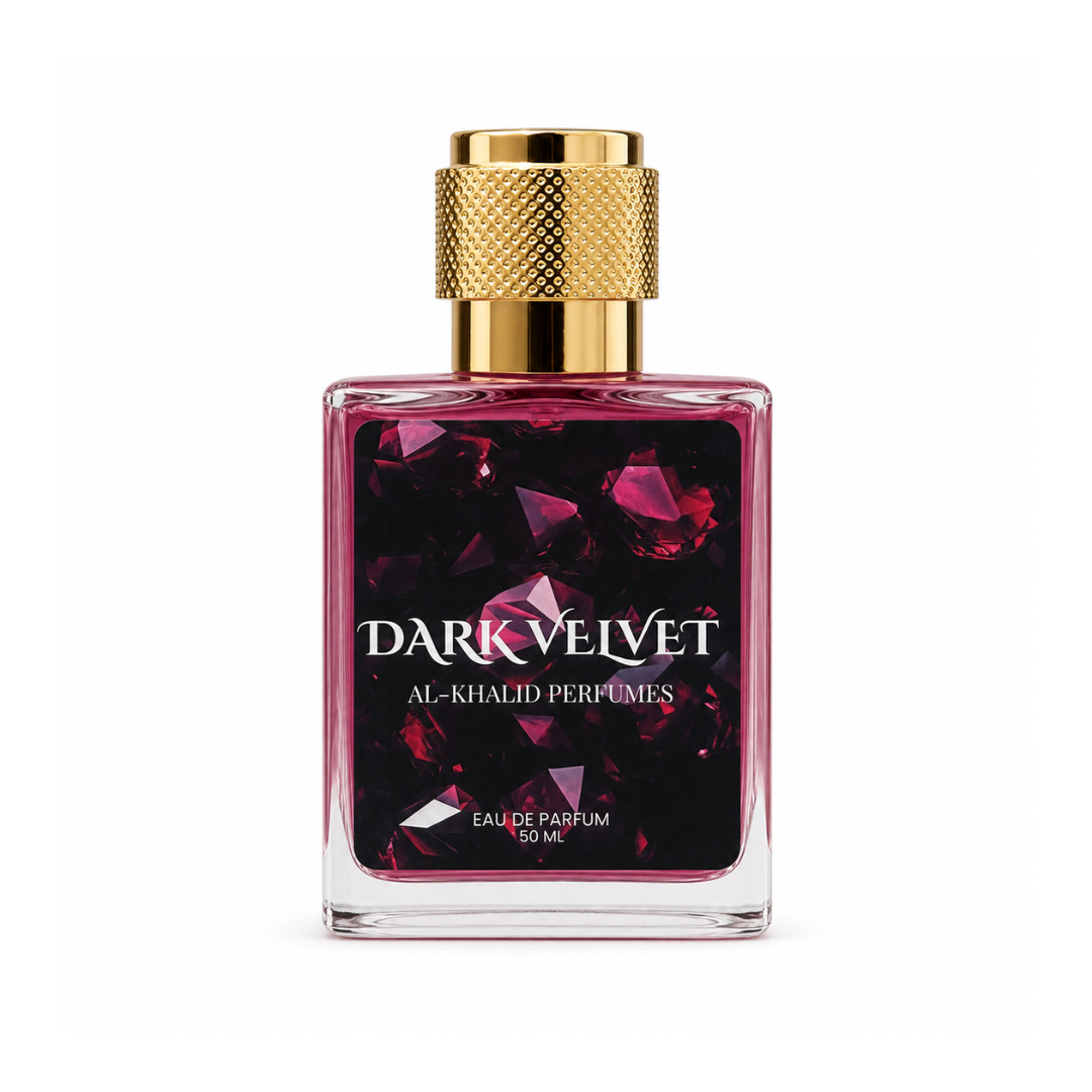 Dark velvet perfume bottle by Al-Khalid Perfumes featuring a strong woody, coffee, and vanilla fragrance.