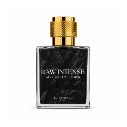 AL-KHALID PERFUMES RAW INTENSE men's perfume bottle with spicy woody scent and elegant packaging.