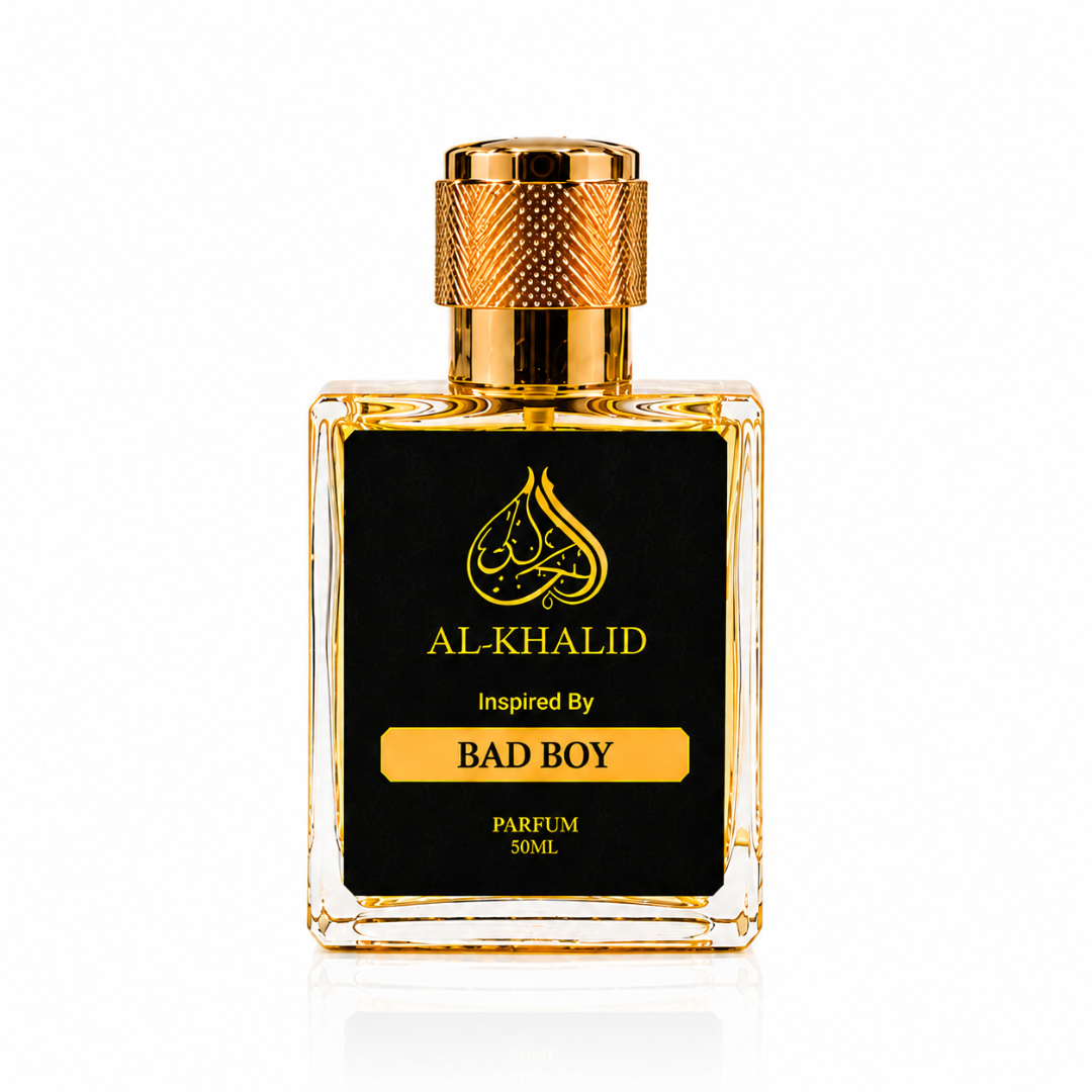 Luxury Al Khalid Herrara Bad Boy perfume bottle with elegant design, inspired scent for men, in a sleek glass container.