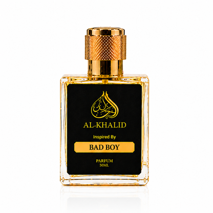Luxury Al Khalid Herrara Bad Boy perfume bottle with elegant design, inspired scent for men, in a sleek glass container.