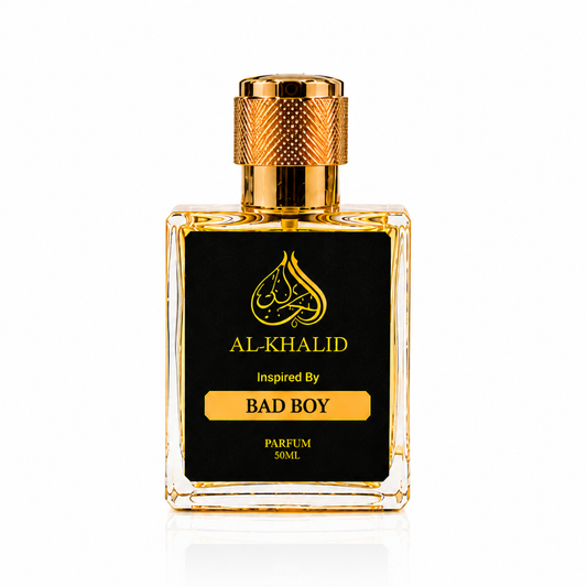 Luxury Al Khalid Herrara Bad Boy perfume bottle with elegant design, inspired scent for men, in a sleek glass container.