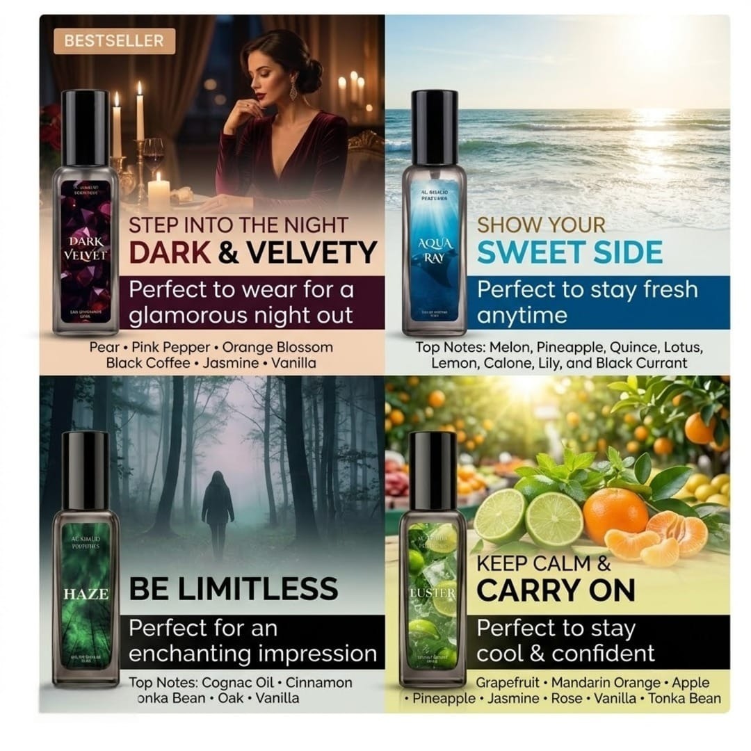 A 2x2 promotional collage for Aqua Ken fragrance oils, featuring four different scents: Dark & Velvety, Sweet Sugar, Haze, and Keep Calm & Carry On. Each panel shows a bottle of the fragrance oil, its packaging, a lifestyle image, and scent notes.