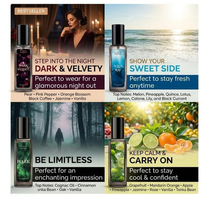 A 2x2 promotional collage for Aqua Ken fragrance oils, featuring four different scents: Dark & Velvety, Sweet Sugar, Haze, and Keep Calm & Carry On. Each panel shows a bottle of the fragrance oil, its packaging, a lifestyle image, and scent notes.