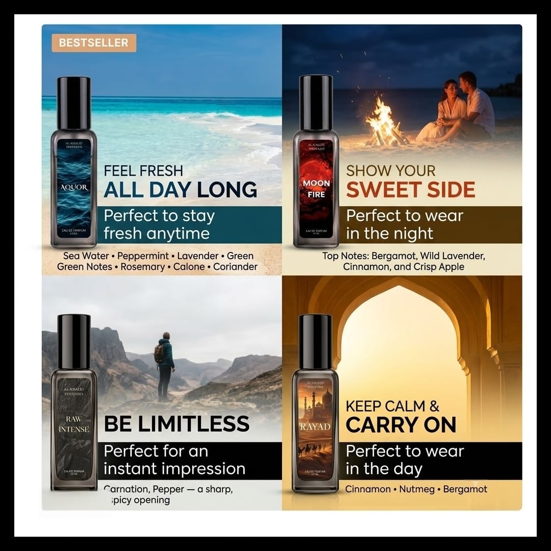 Al-Khalid perfume scent guide: Aquor fresh all day, Moon Fire for night, Raw Intense instant impression, Rayad for day