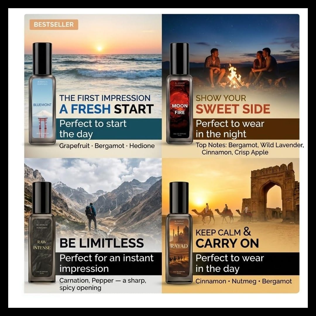 A 2x2 promotional collage showing four fragrance oil bottles with marketing text and scenic lifestyle photos. The bottles are labeled Bleuume, Moon Fire, RAW Intense, and RAW Odyssey, with scent descriptions including Grapefruit, Bergamot, Hedione, Wild Lavender, Cinnamon, and others.