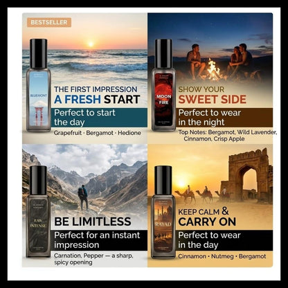 A 2x2 promotional collage showing four fragrance oil bottles with marketing text and scenic lifestyle photos. The bottles are labeled Bleuume, Moon Fire, RAW Intense, and RAW Odyssey, with scent descriptions including Grapefruit, Bergamot, Hedione, Wild Lavender, Cinnamon, and others.