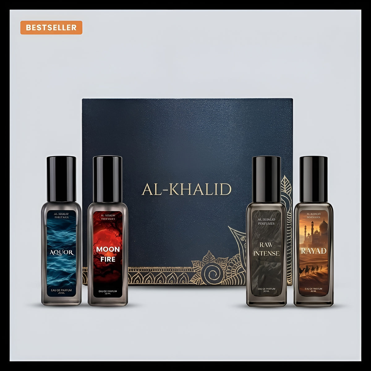 Al-Khalid perfume combo gift box open with four Eau de Parfum bottles: Aquor, Moon Fire, Raw Intense and Rayad