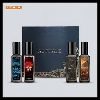 Al-Khalid perfume combo gift box open with four Eau de Parfum bottles: Aquor, Moon Fire, Raw Intense and Rayad