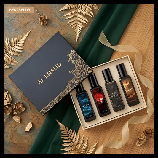Al-Khalid perfume combo gift box open with four Eau de Parfum bottles: Aquor, Moon Fire, Raw Intense and Rayad