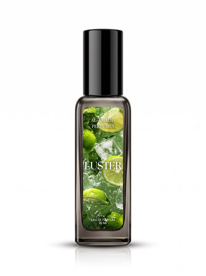 A 30 ml bottle of Alor Wild Perfumes 'Luster' eau de parfum, featuring a black cap and a label with a green lime and ice design, set against a plain white background.