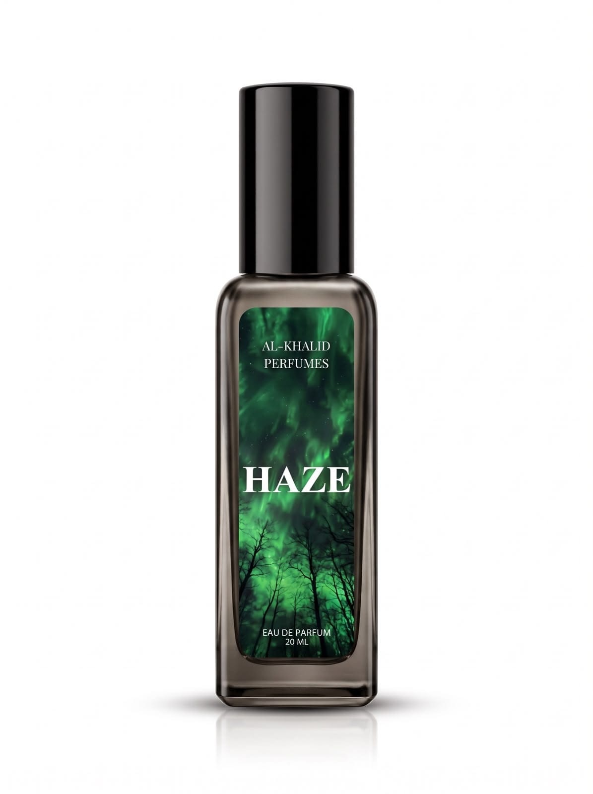 A 20ml roll-on perfume bottle by Al-Ahalid Perfumes, featuring a black cap and a dark green forest-themed label with the word 'HAZE' in white.