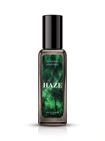 A 20ml roll-on perfume bottle by Al-Ahalid Perfumes, featuring a black cap and a dark green forest-themed label with the word 'HAZE' in white.