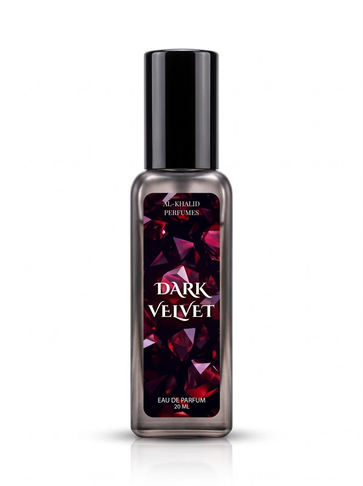 A 20ml bottle of Al Khalid Perfumes 'Dark Velvet' Eau de Parfum. The bottle is a dark smoky gray with a black cap and a label featuring a dark purple and red faceted gemstone pattern with white text.