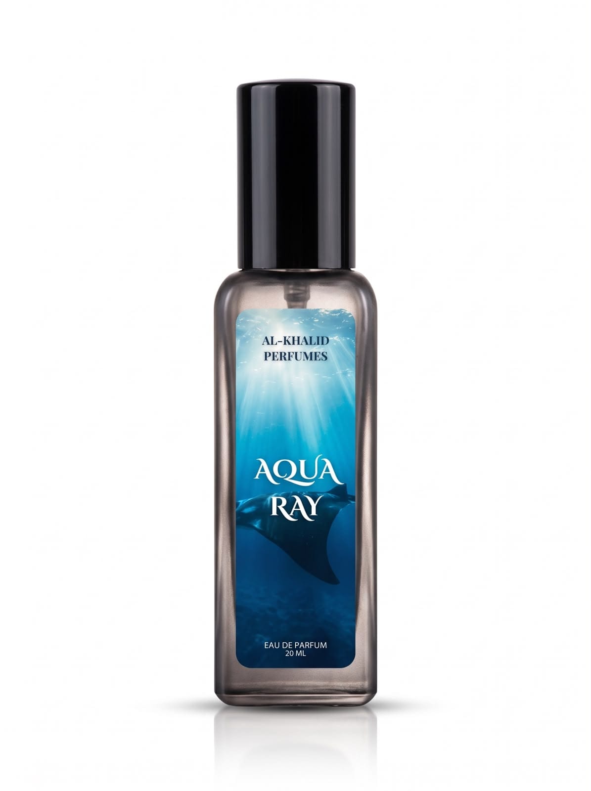 A bottle of Al-Khalid Perfumes Aqua Ray Eau de Parfum, featuring a dark blue and light blue gradient label with a black cap, set against a plain white background.