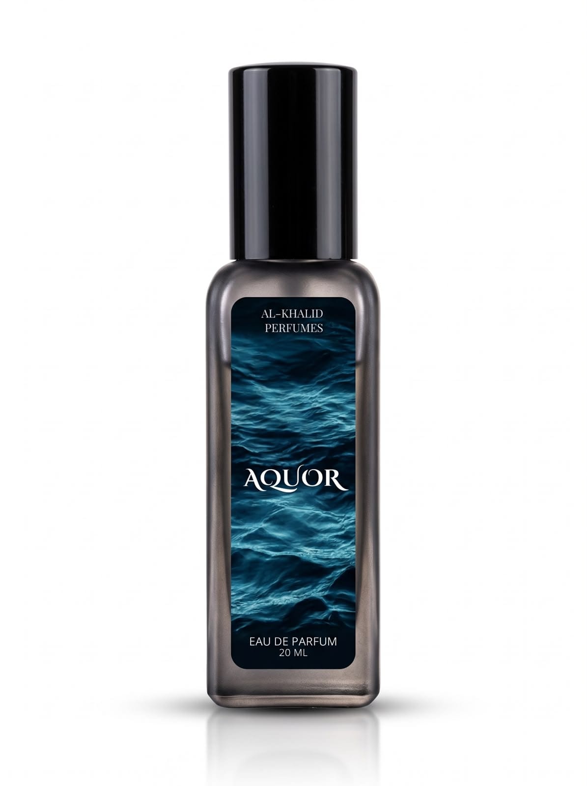 A 20 ml bottle of Aqur Al-Ahlia Perfumes Eau de Parfum, featuring a dark gray glass bottle with a black cap and a label depicting deep blue water ripples.