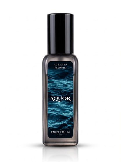 A 20 ml bottle of Aqur Al-Ahlia Perfumes Eau de Parfum, featuring a dark gray glass bottle with a black cap and a label depicting deep blue water ripples.