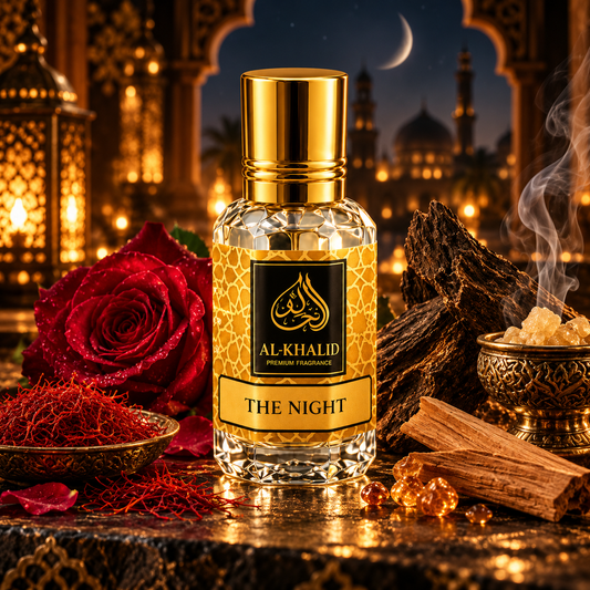 Al Khalid Perfumes The Night inspired attar oil in a glass bottle with elegant packaging, showcasing luxury fragrance design.