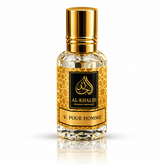 Al Khalid Perfumes Versace Pour Homme inspired luxury attar oil in a clear glass bottle with a black cap.