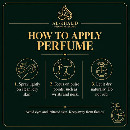 Instructional graphic titled 'HOW TO APPLY PERFUME' by Al-Khalid Premium Fragrance, showing three numbered steps with icons and text on a dark green background with gold lettering.